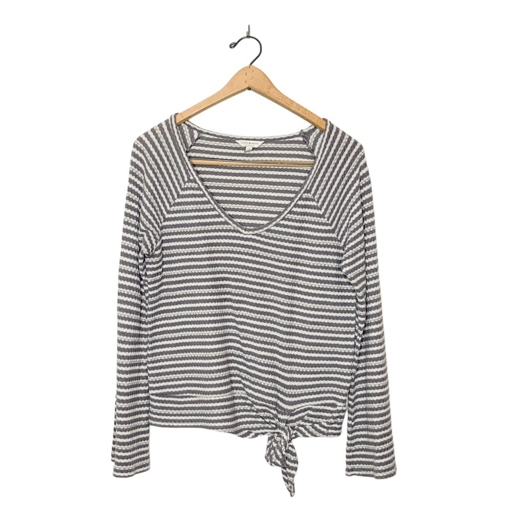 Lucky Brand Waffle Knit Grey Stripe Tie Front Sweater Small S